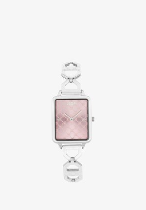Silberne rechteckige Armbanduhr mit rosa gemustertem Zifferblatt und verbundenem geometrischem Metallarmband, zeigt die Zeit 9:10.