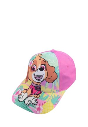 Cappellino da baseball rosa con un cane dei cartoni animati, design floreale e motivi tropicali, dotato di visiera curva. Realizzato in tessuto morbido.
