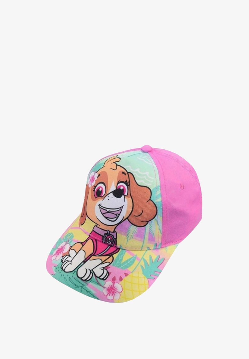 Cappellino da baseball rosa con un cane dei cartoni animati, design floreale e motivi tropicali, dotato di visiera curva. Realizzato in tessuto morbido.