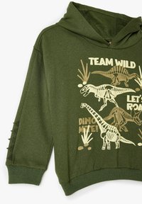 Sudadera verde con un gráfico de dinosaurio en color beige. Presenta un bolsillo frontal y picos texturizados en las mangas. Tejido de mezcla de algodón, ajuste casual.