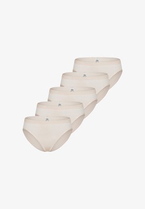 Fünf beige Damen-Baumwollslips mit Spitzenbesatz am Bund, in einer gestaffelten Reihe auf weißem Hintergrund angeordnet.