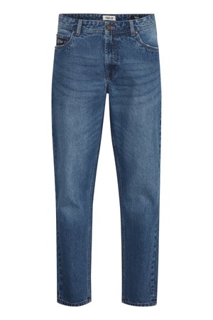 Mørkeblå denimjeans med rett snitt, femlommersdesign, knappelukking og lett falming. Merket viser "ISOLID" og "Dylan."