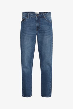 Dark blue denim jeans with a straight cut, five-pocket design, button closure, and light fading. Label reads "ISOLID" and "Dylan."