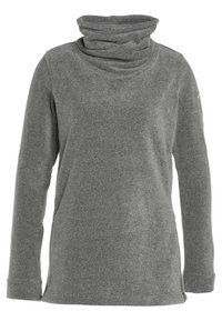 Szary długi sweter z długim rękawem, z wysokim, złożonym kołnierzem, bocznymi rozcięciami oraz miękkim, teksturowanym materiałem. Prosty fason z długimi rękawami.