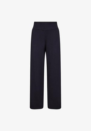 Wijdvallende broek in donker marineblauw, gemaakt van zachte, rekbare stof. Voorzien van een hoge, elastische tailleband en een gladde textuur zonder zichtbare patronen.