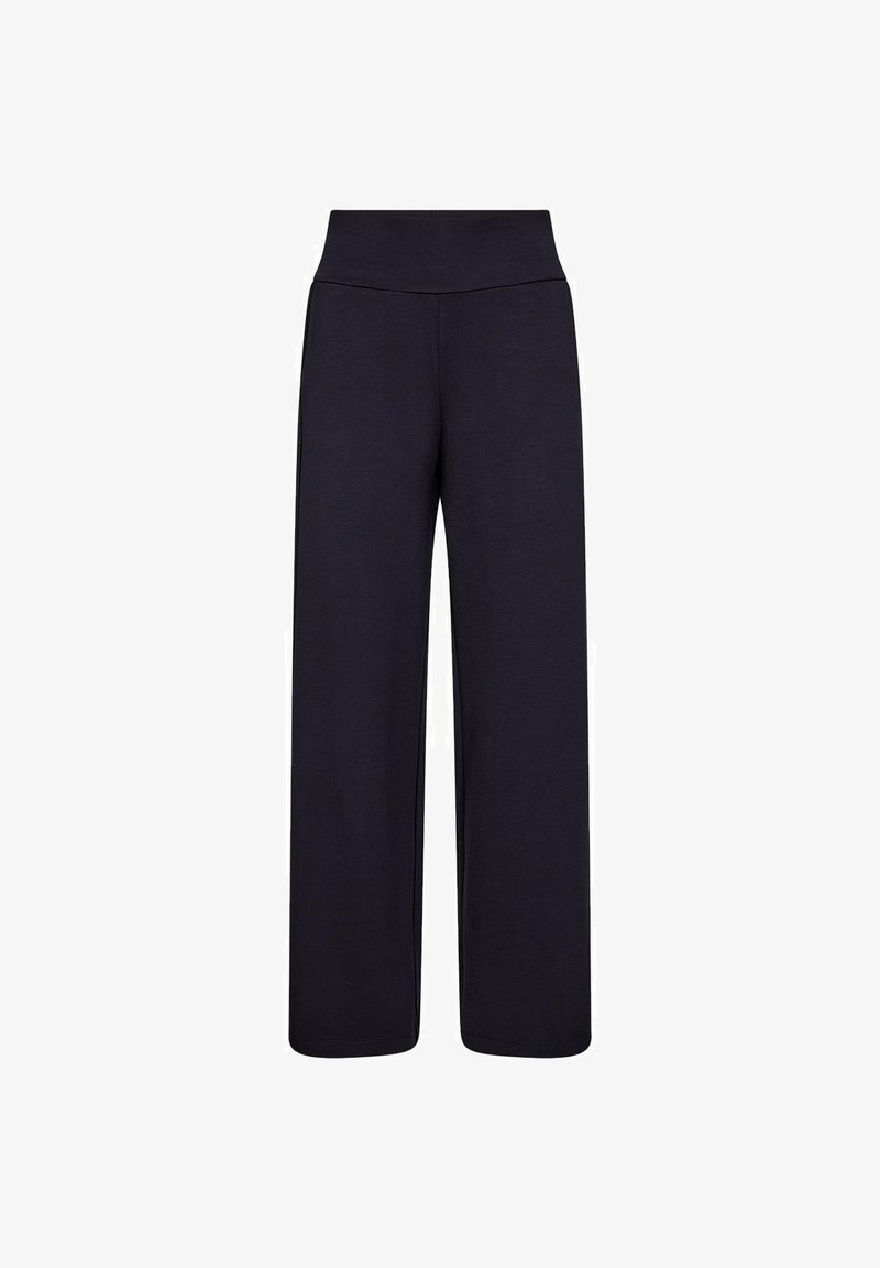 Wijdvallende broek in donker marineblauw, gemaakt van zachte, rekbare stof. Voorzien van een hoge, elastische tailleband en een gladde textuur zonder zichtbare patronen.