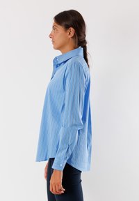 Camicia a maniche lunghe a righe blu con colletto button-down, caratterizzata da righe bianche verticali e una vestibilità comoda. Tessuto di cotone, dalla texture liscia.