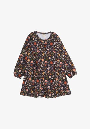 Langärmliges Kleid aus dunkelblauem Stoff, ausgestattet mit einem bunten Blumenmuster, das verschiedene Formen wie Blätter, Blumen und Pilze zeigt.
