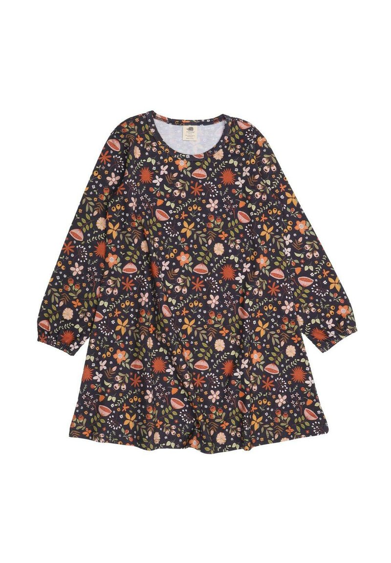 Langärmliges Kleid aus dunkelblauem Stoff, ausgestattet mit einem bunten Blumenmuster, das verschiedene Formen wie Blätter, Blumen und Pilze zeigt.