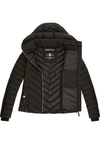 Prošívaná černá bunda s odnímatelnou kapucí, předním zipem, žebrovanými manžetami a boční kapsou. Uvnitř má kosočtvercové prošívání a značkový štítek.