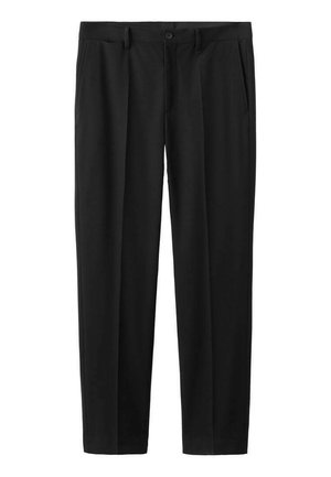 Pantaloni neri a gamba larga con una texture liscia, chiusura con un bottone singolo e tasche frontali, caratterizzati da un design classico e sartoriale.