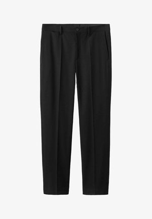 Zwarte, wijd uitgezette broek met een gladde textuur, enkele knoopsluiting en voorzakken, met een klassiek, op maat gemaakt ontwerp.