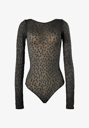 Bodysuit nero a maniche lunghe con motivo a pois trasparente, caratterizzato da una scollatura a barchetta e una forma aderente per una silhouette slanciata.