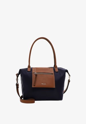 Jūros mėlynumo nailoninė rankinė su rudais odiniais akcentais, turinti užtraukiamą priekį, dvi rankenas ir nuimamą diržą, užtikrinantį universalumą.