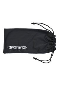 Pochette à cordon noire en tissu lisse, arborant un logo blanc avec "iCXXON EYEWEAR" imprimé sur le devant.