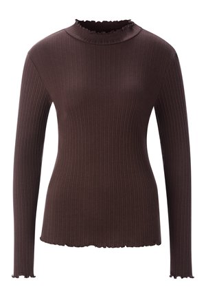 Brown ribbed long-sleeve top. High neck with ruffled finish, fitted design. Soft texture with scalloped edges at sleeves and hem.