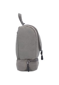 Zaino in tessuto grigio con forma rettangolare, dotato di un compartimento principale con zip e di una tasca inferiore più piccola con zip.