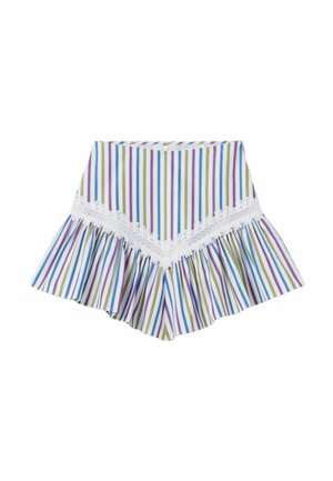 Pantaloncini svasati a righe bianche con strisce verticali blu, viola e verdi, con bordo in pizzo bianco sulla parte anteriore.