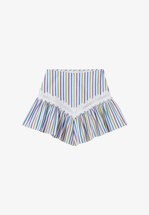 Pantaloncini svasati a righe bianche con strisce verticali blu, viola e verdi, con bordo in pizzo bianco sulla parte anteriore.