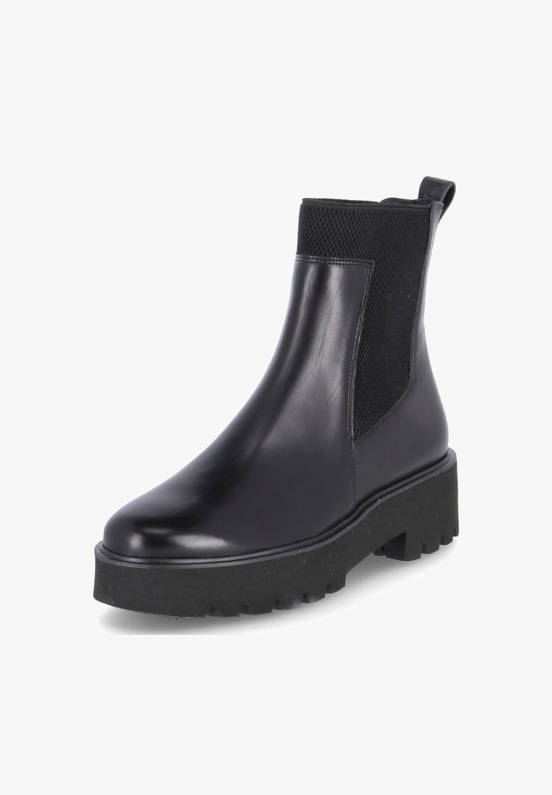 Bottine en cuir noir avec panneaux latéraux élastiques, bout rond et semelle en caoutchouc épaisse pour une meilleure adhérence. Texture lisse avec finition mate.