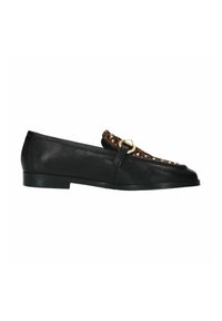 Black leather loafers with a low heel, featuring a decorative brown and gold accent on the front. Smooth texture and classic design.