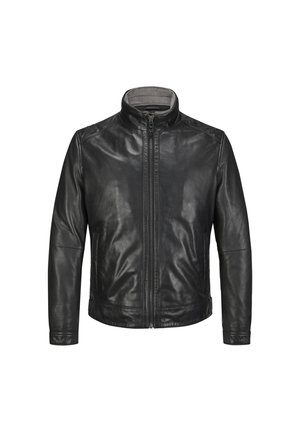 Schwarze Lederjacke mit Frontreißverschluss, Stehkragen, langen Ärmeln und Seitentaschen, angezeigt auf weißem Hintergrund.