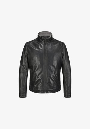 Schwarze Lederjacke mit Frontreißverschluss, Stehkragen, langen Ärmeln und Seitentaschen, angezeigt auf weißem Hintergrund.