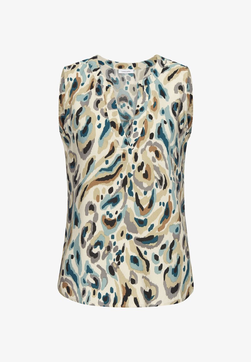 Sleeveless top in lightweight fabric featuring a multi-color abstract pattern with blues, browns, and beige. V-neckline with buttons, relaxed fit.