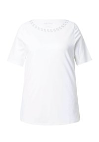Camiseta blanca de manga corta con cuello redondo, que presenta un sutil diseño impreso alrededor del cuello. Tejido suave y liso con un corte holgado.