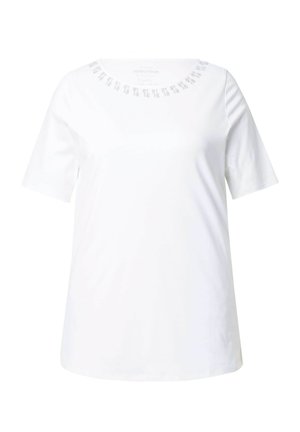 Witte t-shirt met korte mouwen en een ronde halslijn, met een subtiele bedrukte design rond de kraag. Zachte, gladde stof met een ontspannen pasvorm.