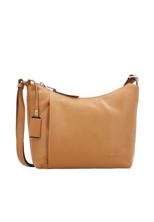 Beige Lederschultertasche mit verstellbarem Riemen, Reißverschluss und Markenzeichen seitlich.