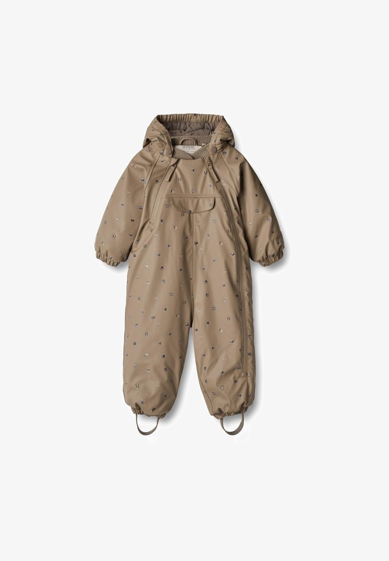 Brun vandtæt overall med hætte, elastiske manchetter og små geometriske mønstre. Har en frontlomme og justerbare støvlestraps.