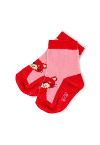Kindersocken in Rot und Pink. Baumwollmischgewebe mit einer glatten Textur. Vorderseite mit einem Cartoon-Bären-Design. Kurze Knöchel-Style.