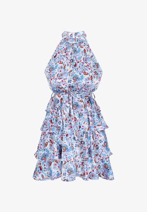 Blomsterprintet kjole med flæser, halterneck og indsnævret talje. Farverne inkluderer blå, rød og lilla på en hvid baggrund.