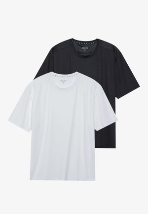 Two short-sleeved t-shirts: one black and one white. Made of smooth fabric with a crew neckline and minimalistic design.