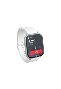Montre intelligente blanche avec un écran tactile carré affichant "SOS" en gras et un bouton d'appel rouge, dotée d'un bracelet ajustable texturé.