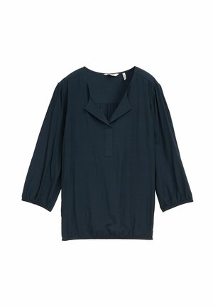 Marineblauwe blouse met driekwart mouwen, een losse pasvorm en een V-halsontwerp. Zachte stof met een geplooide accent bij de borst.