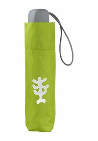 Grüner Stoffschirmbehälter mit einem weißen baumartigen Muster, ausgestattet mit einem grauen oberen Teil und einem grauen Tragegurt.