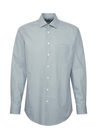 Camicia a maniche lunghe con bottoni caratterizzata da un motivo a quadretti blu e bianchi, colletto classico e una tasca sul petto, realizzata in un tessuto leggero.