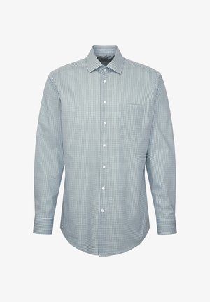 Camicia a maniche lunghe con bottoni caratterizzata da un motivo a quadretti blu e bianchi, colletto classico e una tasca sul petto, realizzata in un tessuto leggero.