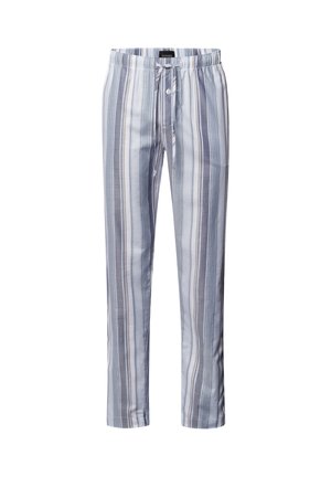 Männer-Pyjama-Hosen im hellblauen und grauen Streifenmuster, aus weichem Stoff, mit elastischem Bund, Kordelzug und Knopfverschluss.