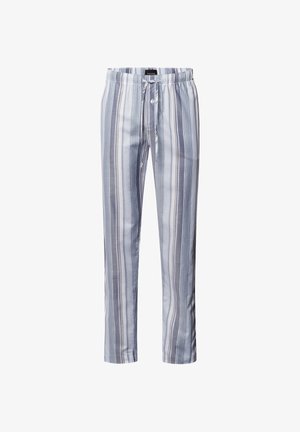 Pantalones de pijama para hombre en un patrón de rayas azul claro y gris, hechos de tela suave, con cinturilla elástica, cordón y tapeta con botones.