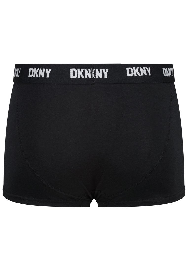 Boxer briefs negros hechos de material suave, con una cinturilla con logo que muestra "DKNY" en blanco. Textura suave y diseño ajustado.