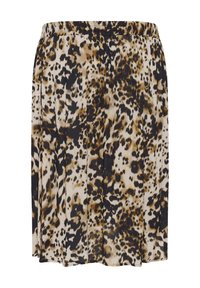 Jupe imprimée animal en beige, marron et noir. Dotée d'une taille élastique et d'une coupe fluide. Fabriquée en tissu léger avec une texture lisse.