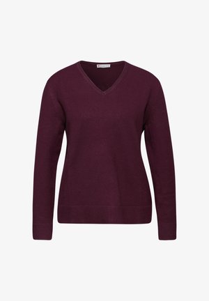 Suéter morado de manga larga y cuello en V, con puños y dobladillo acanalados, presentado sobre un fondo blanco.