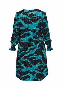 Dlhé rukávy na čiernej šaty s tyrkysovým abstraktným vzorom. S gathered manžetami a voľným strihom, vyrobené z ľahkej tkaniny.