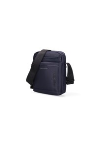 Borsa a spalla in poliestere navy, di forma rettangolare; presenta una tasca frontale e una tracolla nera regolabile con dettagli del logo.
