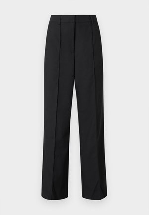 Zwarte wijduitlopende broek met een getailleerd design, voorzien van plooien aan de voorkant en een gladde stoftextuur. Eenvoudige en veelzijdige stijl.