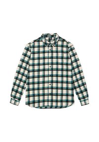 Camicia in flanella a maniche lunghe color crema, con un motivo a quadri blu e nero. Colletto con bottoni, chiusura frontale con bottoni e polsini. Tessuto morbido.
