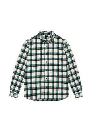 Camicia in flanella a maniche lunghe color crema, con un motivo a quadri blu e nero. Colletto con bottoni, chiusura frontale con bottoni e polsini. Tessuto morbido.